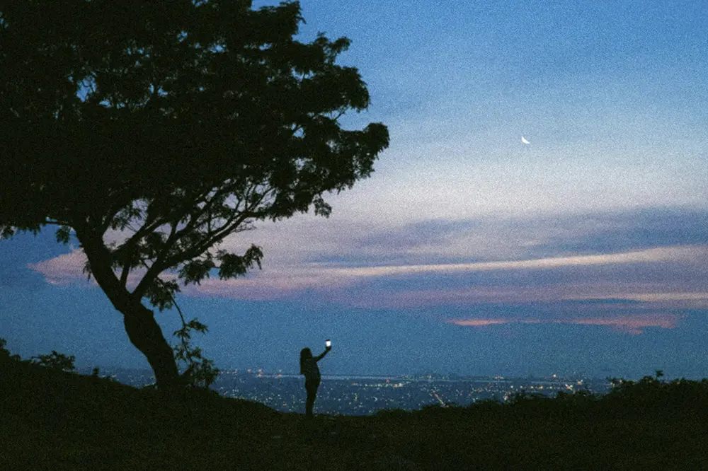 Persona de pie en la cima de una colina al atardecer, sosteniendo un teléfono que emite una luz. A la izquierda, un árbol solitario, y al fondo, una vista panorámica de una ciudad iluminada bajo un cielo azul y púrpura con una luna creciente visible.