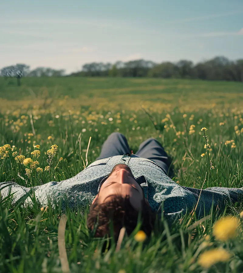 Hombre recostado sobre el pasto con los brazos extendidos
